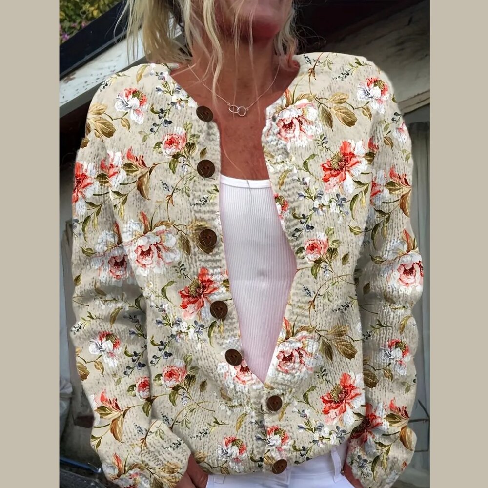 Rose Vine Casual Button-Up Knitted Cardigan Sweater Size XL
